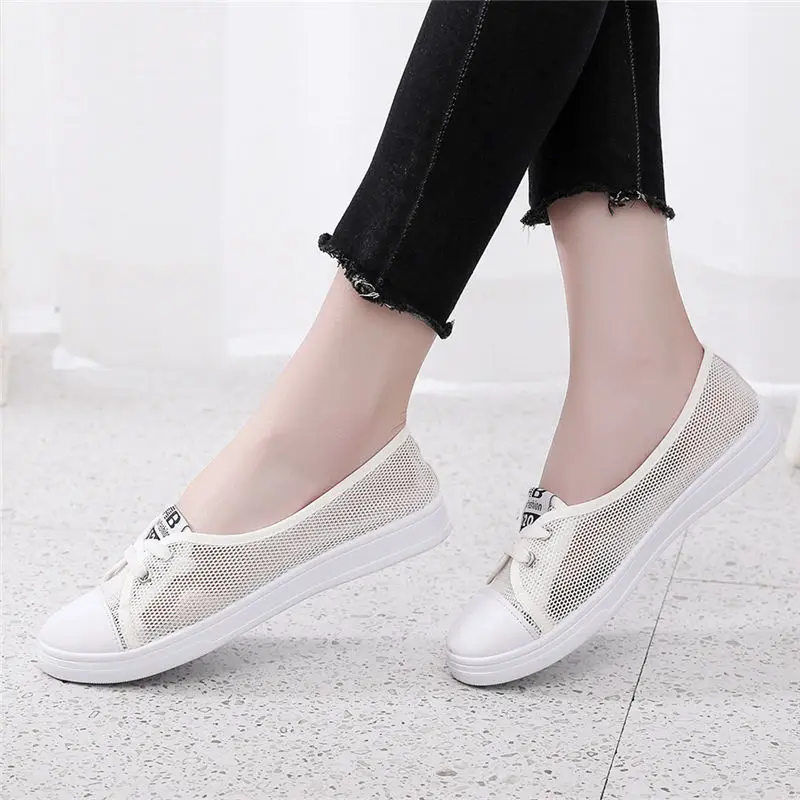 New Summer White Women Flat Shoes Shallow Mouth Mesh Women Sneakers Shoes Breathable Ladies Mesh Flat Casual Shoes