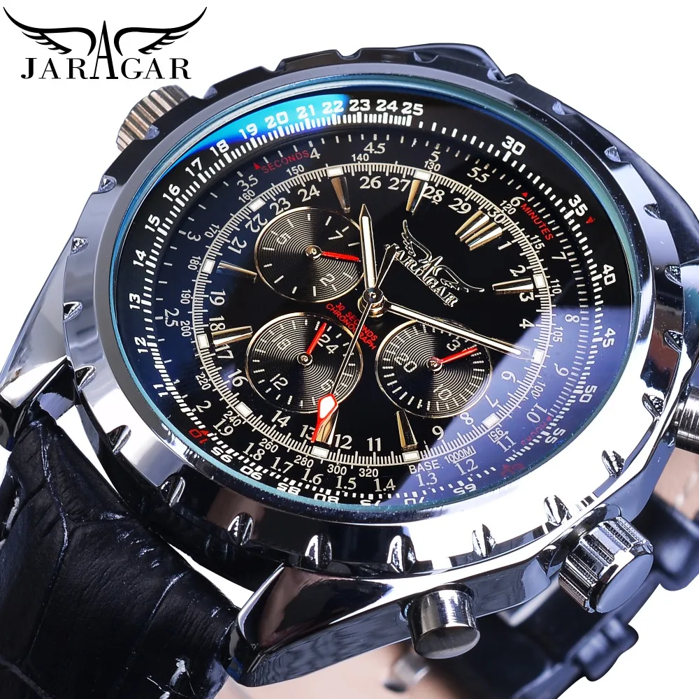 Jaragar Automatic Mechanical Calendar Sport Watches Pilot Design Men\'s Wrist Watch Top Brand Luxury Fashion Male Leather