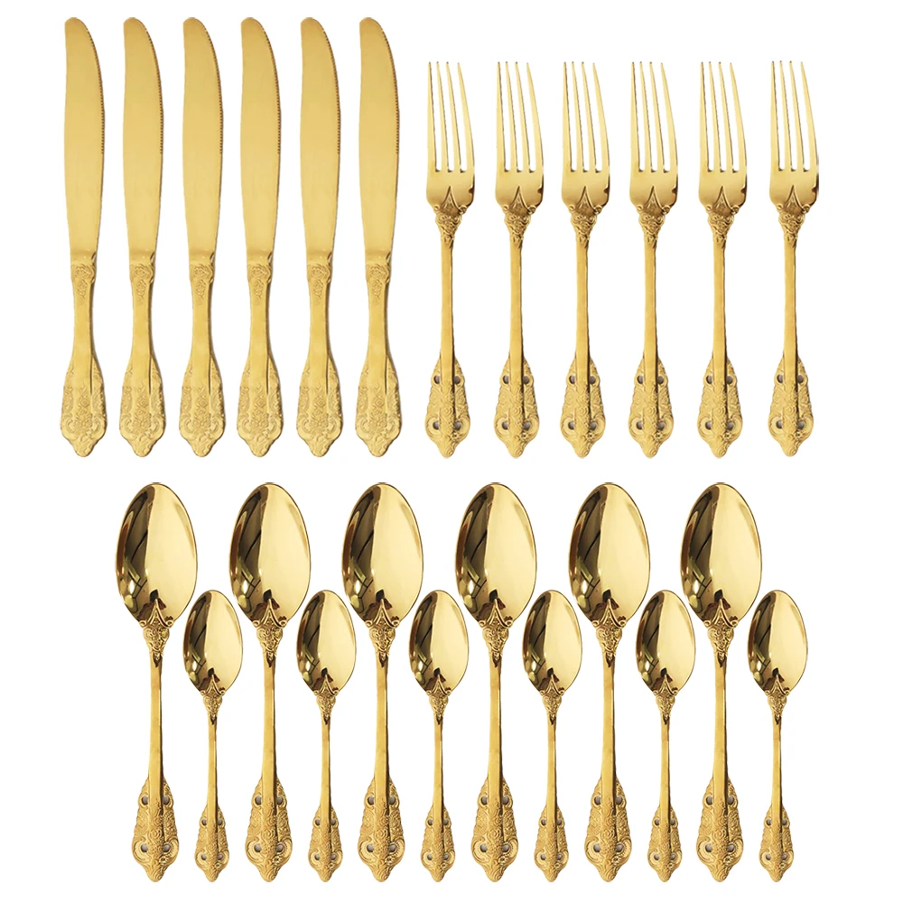 

Dinnerware Set Gold Cutlery 304 Stainless Steel Flawtare Royal Spoon Fork Knife Kitchen Tea Spoon Tableware Silverware Set