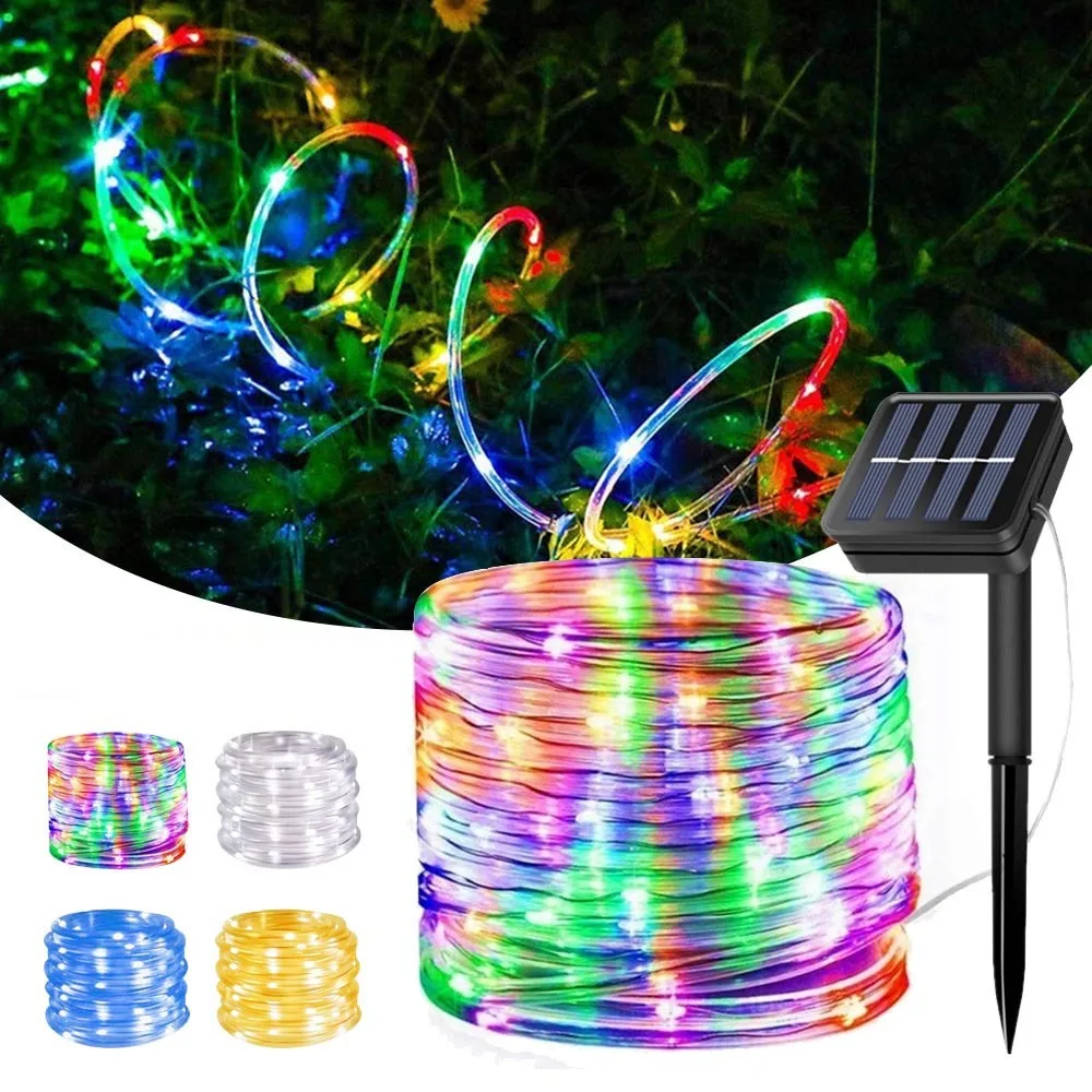 Cadena de luces solares para exteriores, 7M, 12M, 8 modos, LED, alambre de cobre, luz de hadas, tubo impermeable, lámpara para jardín, boda,