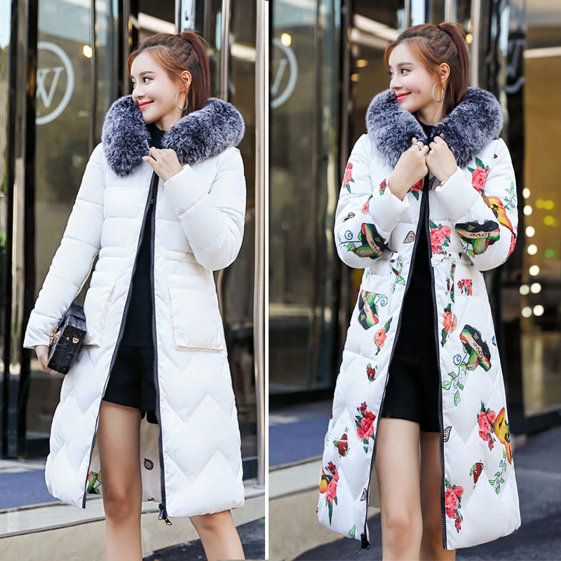 Women Winter Two Sides Jacket With Fur Hooded Long Cotton Padded Female Warm Coat Outwear Print Parka