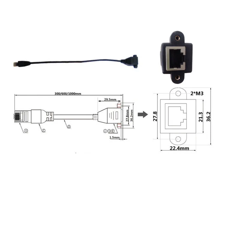이더넷 LAN 네트워크 익스텐션 케이블, 수-암 나사 패널 마운트 커넥터, 8 핀 RJ45 케이블
