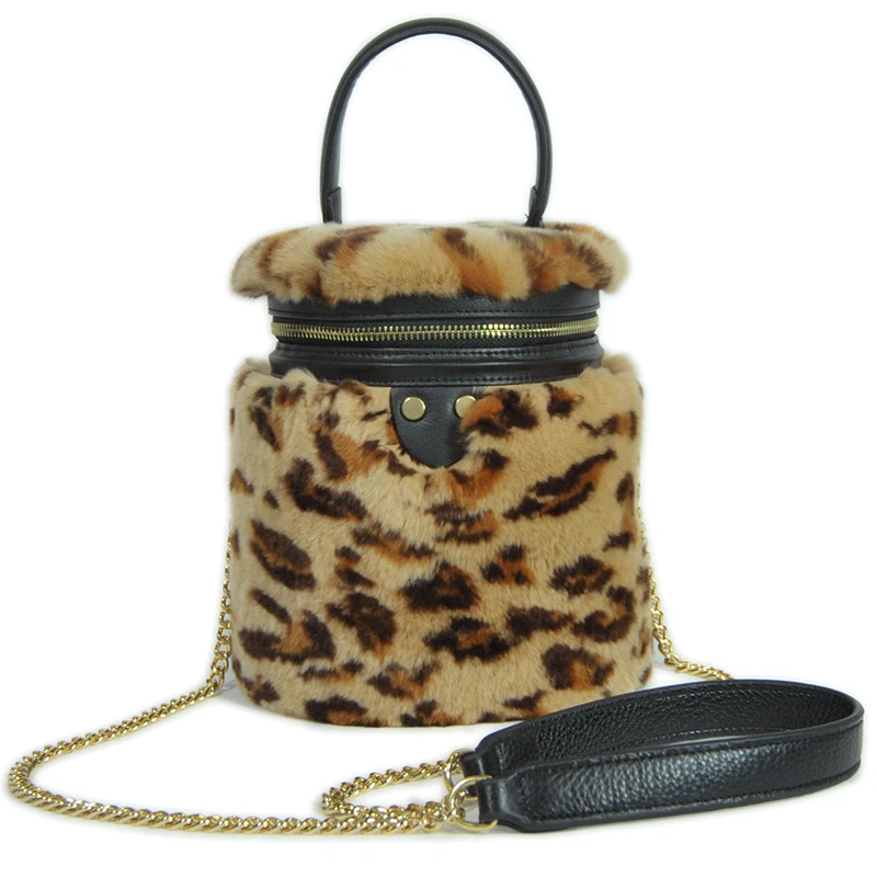 

FXFURS 2020 New Rex Rabbit Fur Bucket Bag Leopard Print Fashion Soft Luxury Fur Single-shoulder Handbag with Zipper Wrist Bags