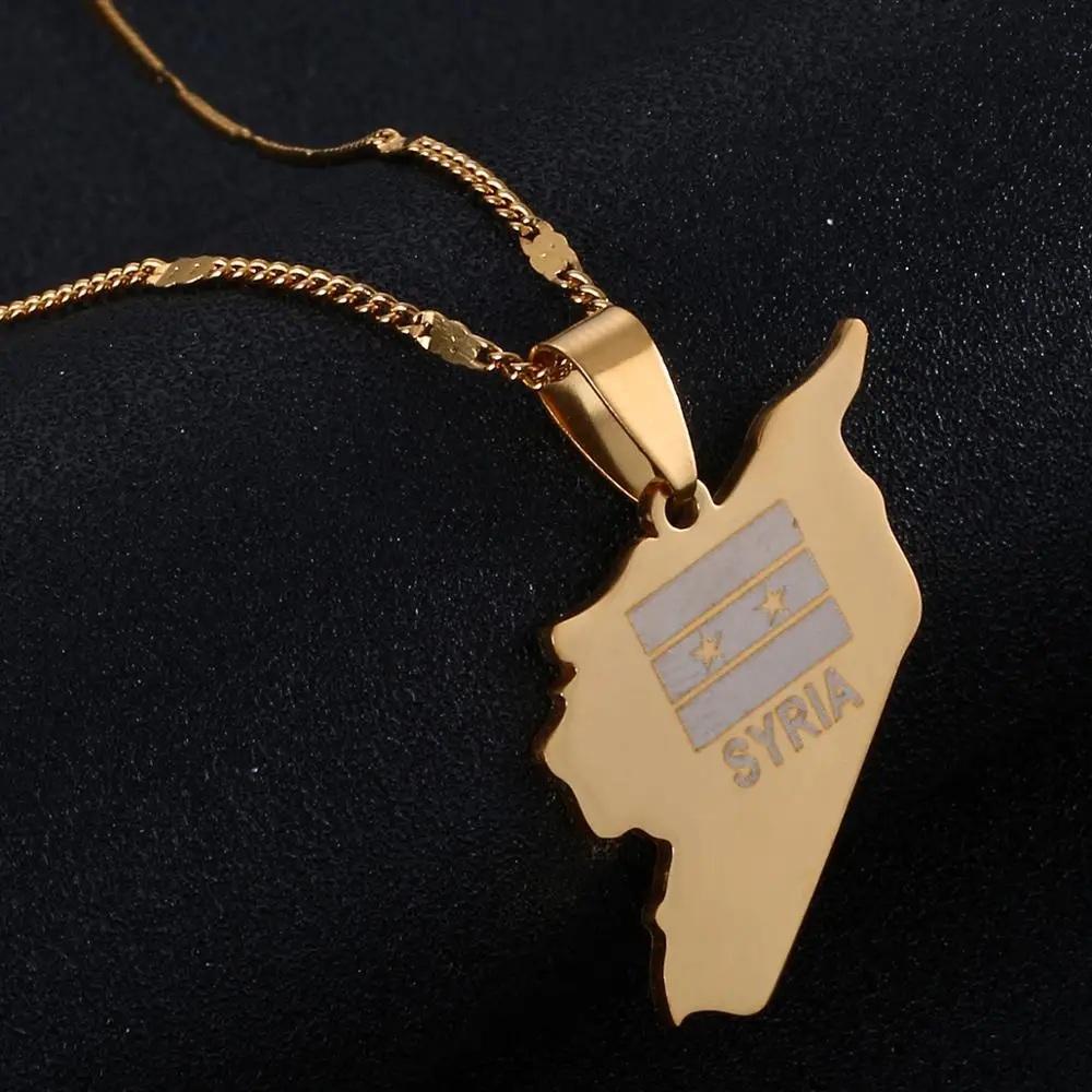 Stainless Steel Gold Color Syria Map Flag Pendant Necklaces Syrians Map Chain Jewelry