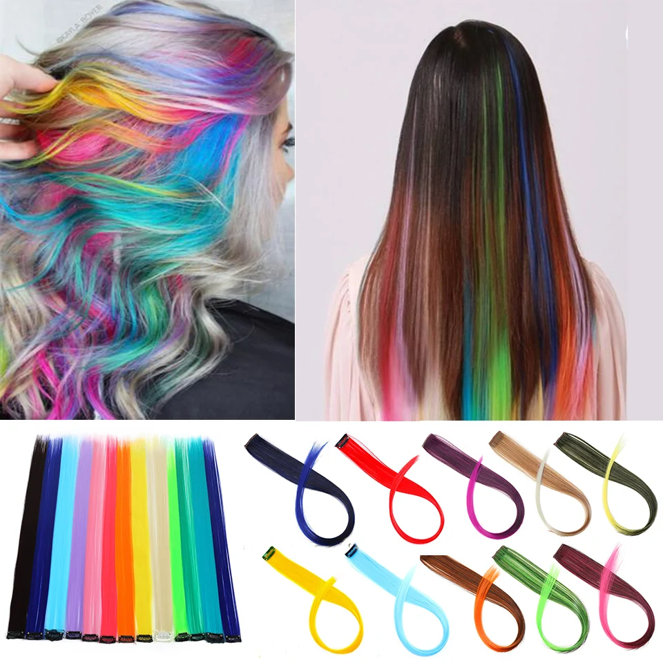 Lupu Synthetic Colorful Rainbow Long Straight Clip In Hair Extensions Heat Resistant Women's Fake Hair