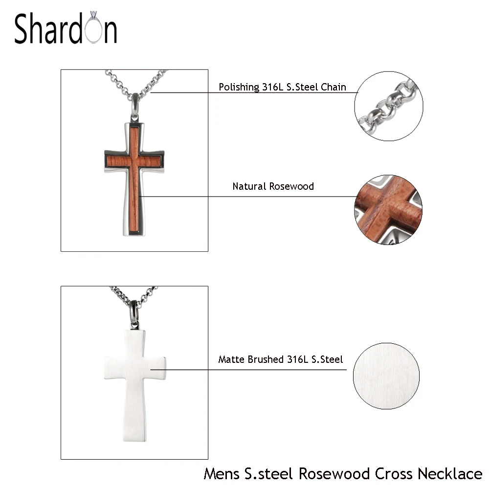 Mens Stainless Steel with Rose Wood Cross Pendant Necklace Classic for Man Men's Jewelry Christ Faith Prayer Jewelry