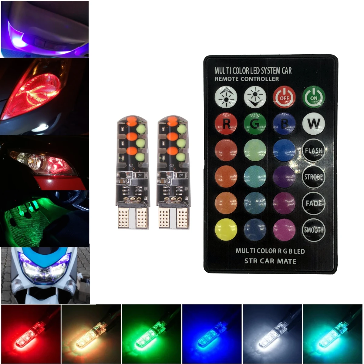 12V T10 W5W Silicone Motorcycle RGB 12 COB LED Number License Plate Lamp Flash Strobe Decoration Head Light Remote Controller