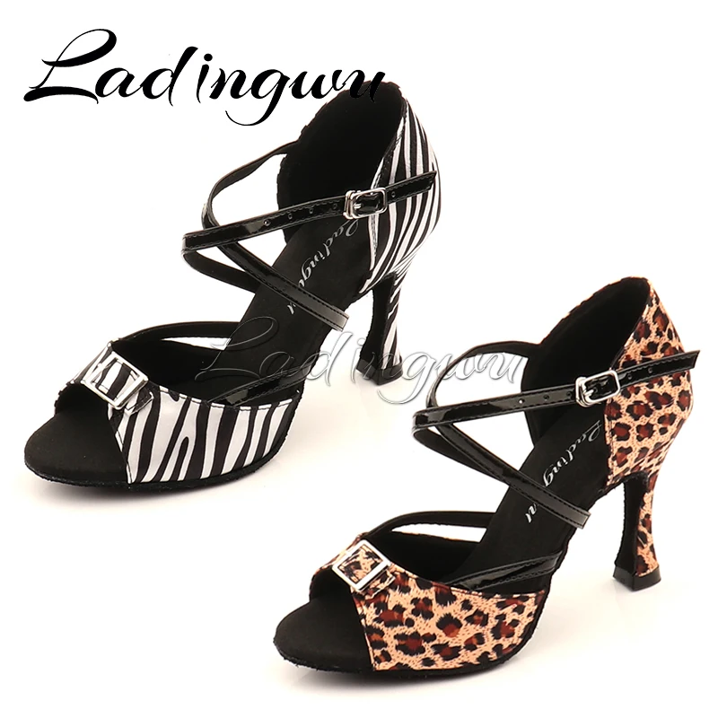 New Salsa Dance Shoes Latin Woman Leopard Zebra Pattern Satin For Women Dance Shoes Ladies Party Ballroom Shoes Dance Sandal