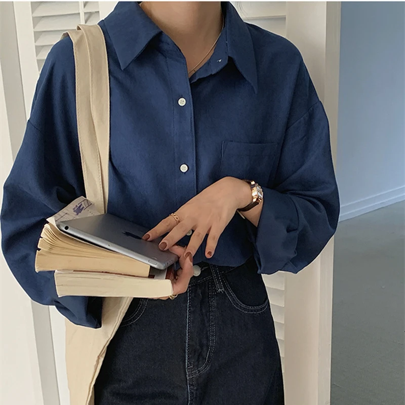 Seoulish 2021 New One Pocket Solid Women's Blouse Casual Loose Female Blouse Top Workwear Office Korean Style Shirts Autumn