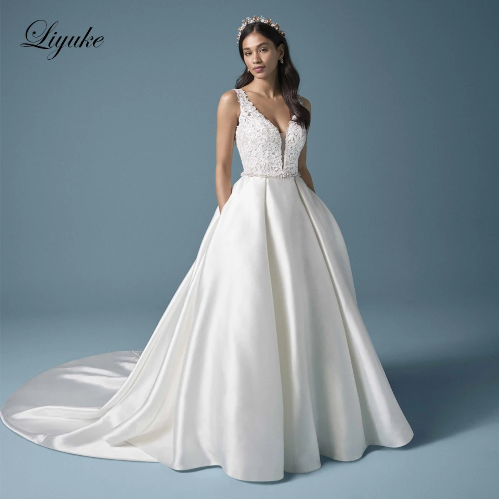 

Liyuke Gorgeous Satin Skirt Beads Belt Of A Line Wedding Dress With V Neckline Of Court Train Vestido De Noiva