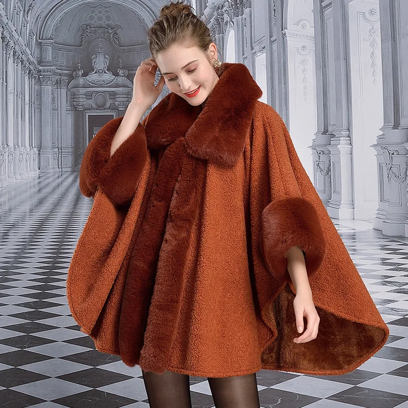 6 Colors Women Big Faux Rabbit Fur Collar Poncho Batwing Sleeves Granular Velvet Cardigan Cloak Long Winter Warm Thick Coat