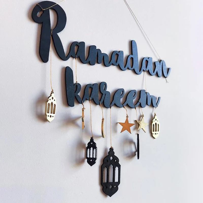 Gold Black Ramadan Kareem Wooden Wall Hanging Ornament Eid Mubarak Decoration For Home Eid Al Fitr Ramadan Kareem Decorations