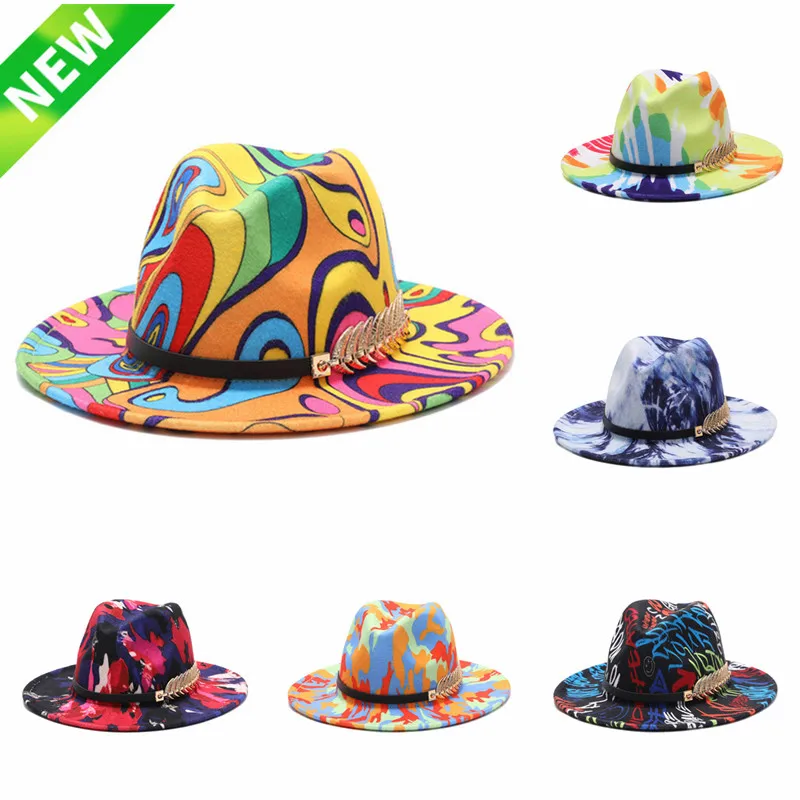 Colorful Printed fedora hat spring autumn new bright color woolen jazz hat men women felt hat tie-dye wool-like Panama hat