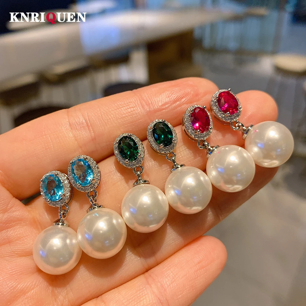 

2021 Trend 12mm Pearl Ruby Emerald Aquamarine Gemstone Drop Long Earrings Wedding Engagement Party Fine Jewelry Statement Gift