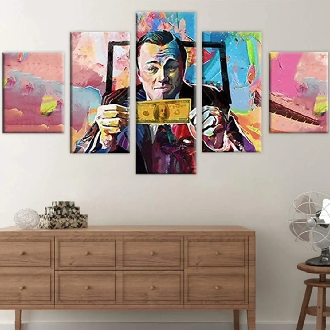 

No Framed Canvas 5 Panel Wolf Of Wall Street Graffiti Leonardo HD Wall Art Posters Pictures Home Decor For Living Room Paintings