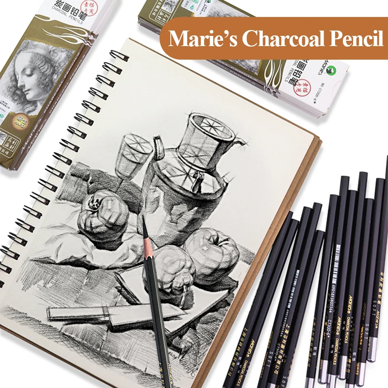 Marie\'s 6/12pcs Professional Sketch Charcoal Pencil Soft/Medium/Hard/Extra-soft Drawing Charcoal Pens Art Supplies C7300/7360