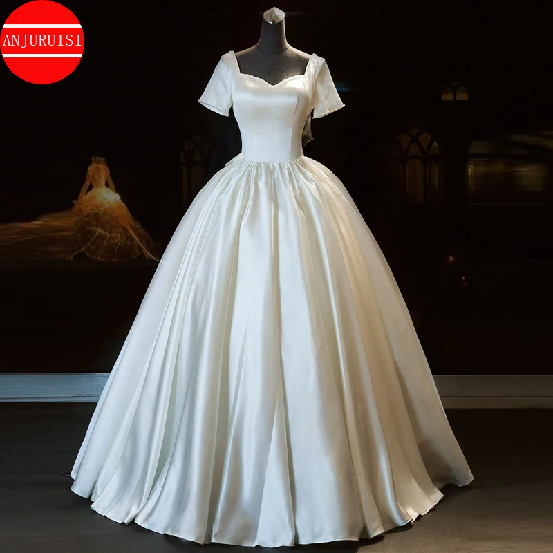 

Ball Gown Princesse Wedding Dress 2021 Short Sleeves Vestidos De Novia Pearl Bow Satin Bride Robe Mariage Trouwjurk Boda Simple