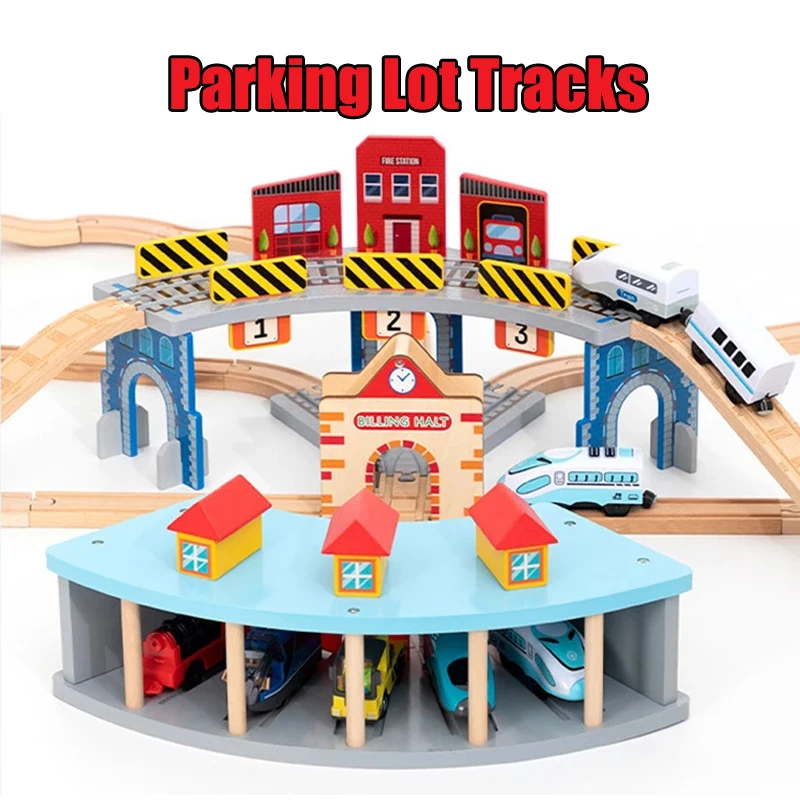 Wooden Train Tracks Railway Accessories Parking Lot Series Compatible All Brand Wood Tracks Biro For Kids Educational Toys