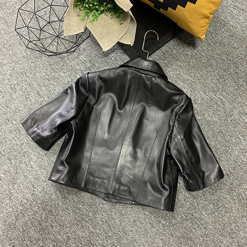 Fashion Autumn Genuine Leather Short Coat Women Short Sleeve Double Breasted Turn-Down Collar Office Lady Sheepskin Suit Jacket