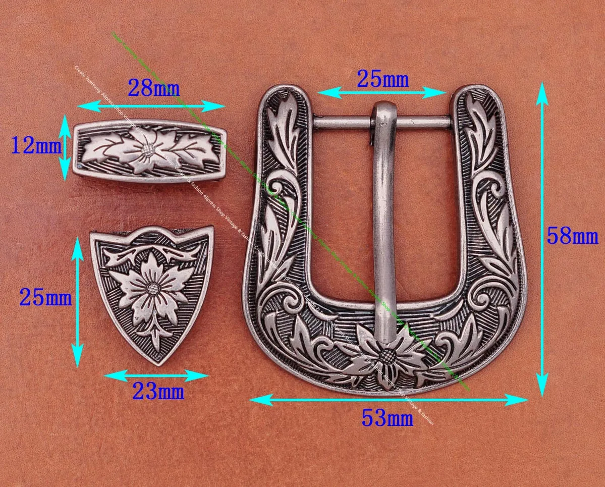 Western Cowboy Cowgirl Rodeo 3PCS Set Antique Silver Floral Engraved Replacement Jeans Leather Belt Buckle Fit 1