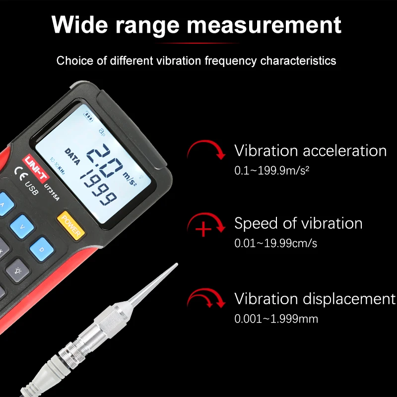 UNI-T UT315A اختبار الاهتزاز الرقمي تسارع الاهتزاز سرعة الإزاحة قياس USB توصيل الكمبيوتر لينة