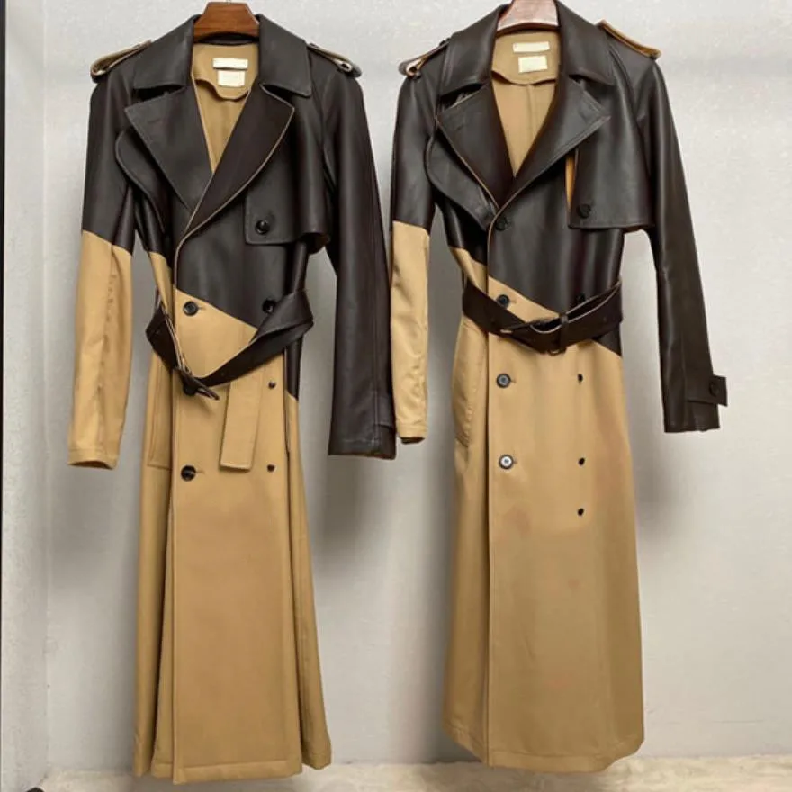 

PU Stitching Windbreaker Double Breasted Belt Overknee Trench Coat New Fashion 2022 Autumn Women M067