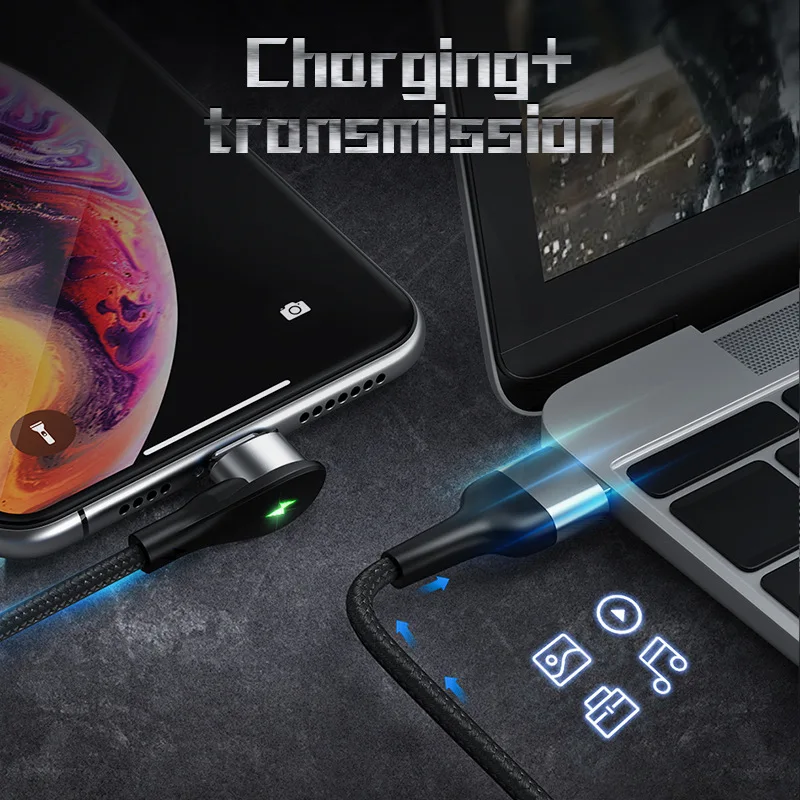 Magnetic Cable 90 Degree Magnetic Charger USB Cable Fast Charging Wire LED Lighting Phone Cable Quick Charge 4+ 3.0 Charger Cord