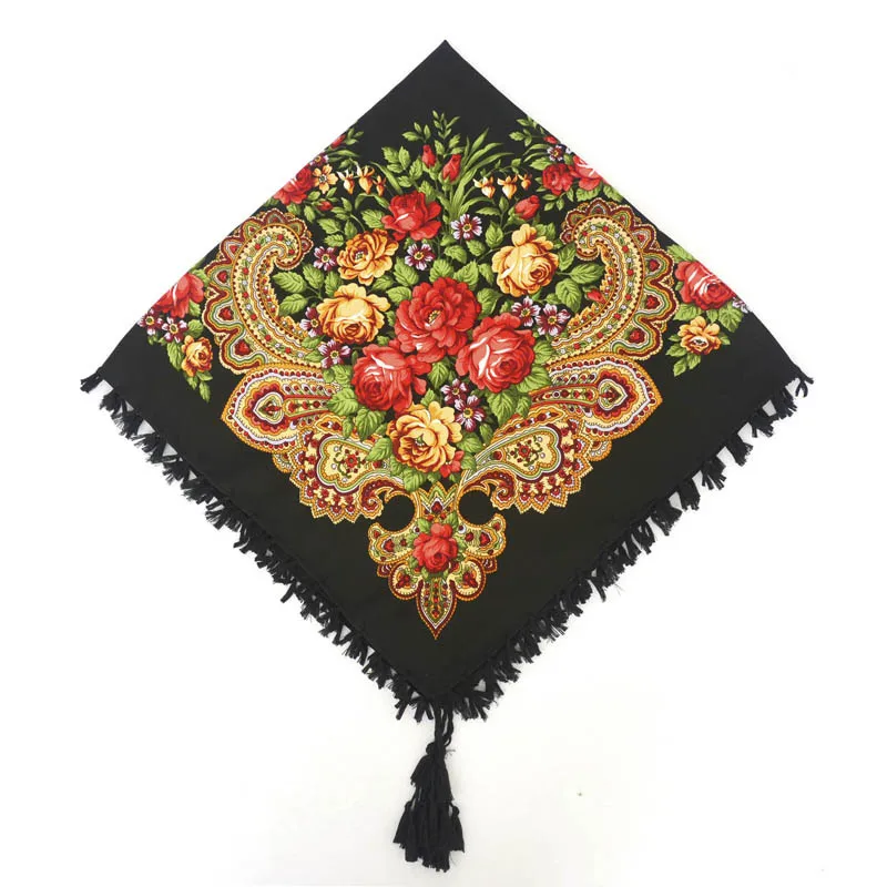 

Russian Kerchief For Woman Square Scarf Handmade Tassel Floral Print Hijab Blanket Shawl Pashmina Women Ethic Shawls Scarf 90cm