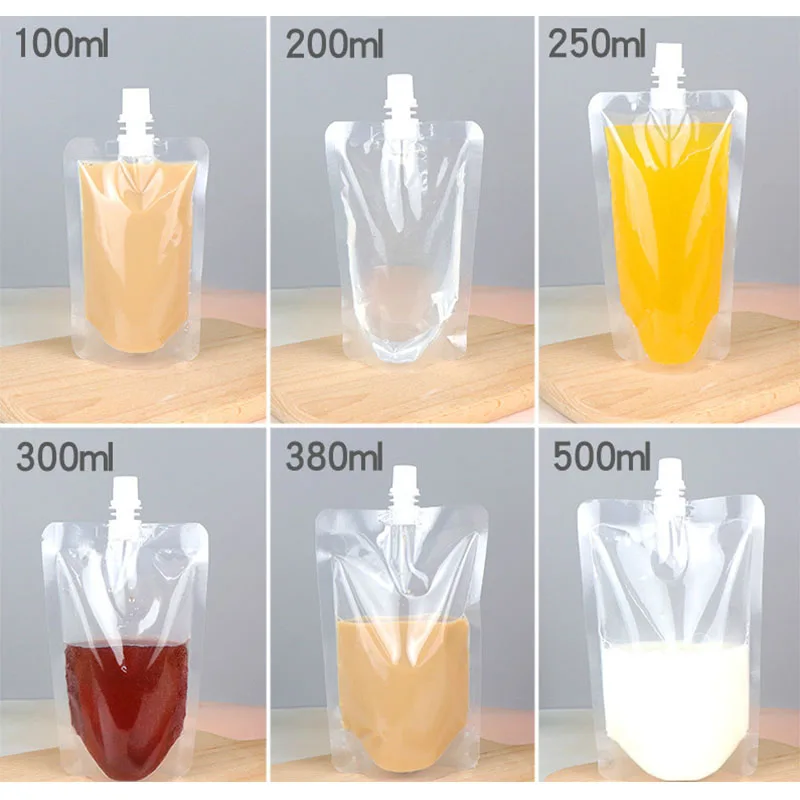 

100Pcs Stand Up Clear Plastic Drink Bag Packaging Spout Pouch for Beverage Liquid Juice Milk Tea Coffee Outdoor Storage Bag