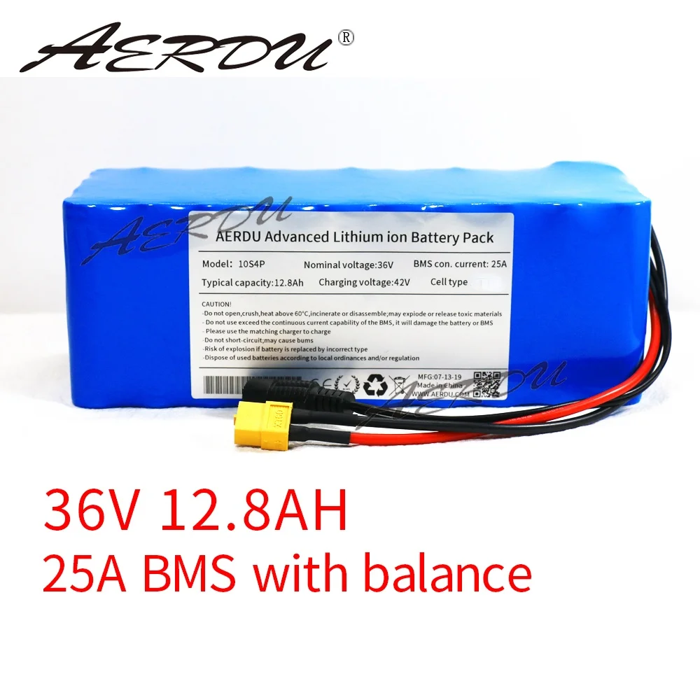 AERDU 36V 12.8Ah 10S4P 13Ah 12Ah 18650 Li-ion Battery Pack 750Watt 500W Motor Ebike Scooter Extended Range 37v Lithium Batteries