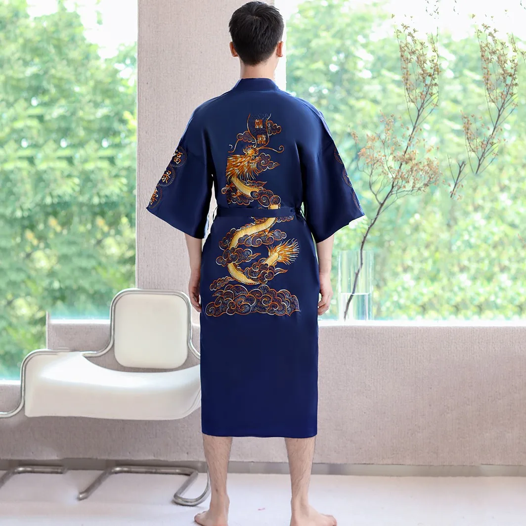 Navy Blue Embroidery Dragon Robe Nightgown Men Kimono Bathrobe Gown Satin Silk Sleepwear Nightwear  Loose Casual Home Clothes