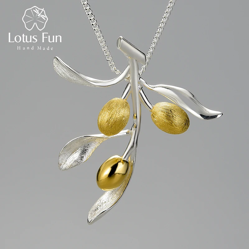 Lotus Fun Luxury Olive Leaves Branch Fruits Pendant Fashion Real 925 Sterling Silver Necklace for Women Vintage Fine Jewelry