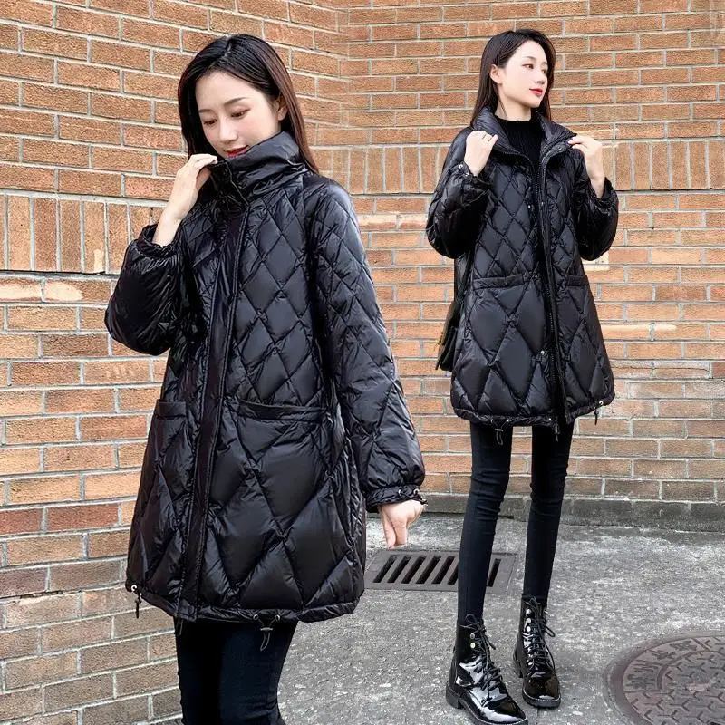 

Winter New Women's Mid-length Jacket Korean Casual Black Loose Thin Section Shiny Solid Color Hooded Jacket Women Bubble Coat