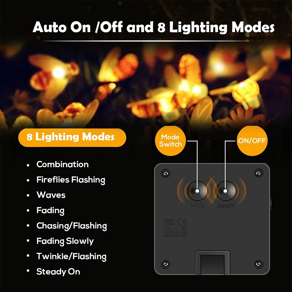 Đèn LED Năng Lượng Mặt Trời Ong Dây Đèn Câu Chuyện Cổ Tích Đèn 20/50/100LED Chống Nước Ngoài Trời Sân Vườn Sân Giáng Sinh Garland đèn