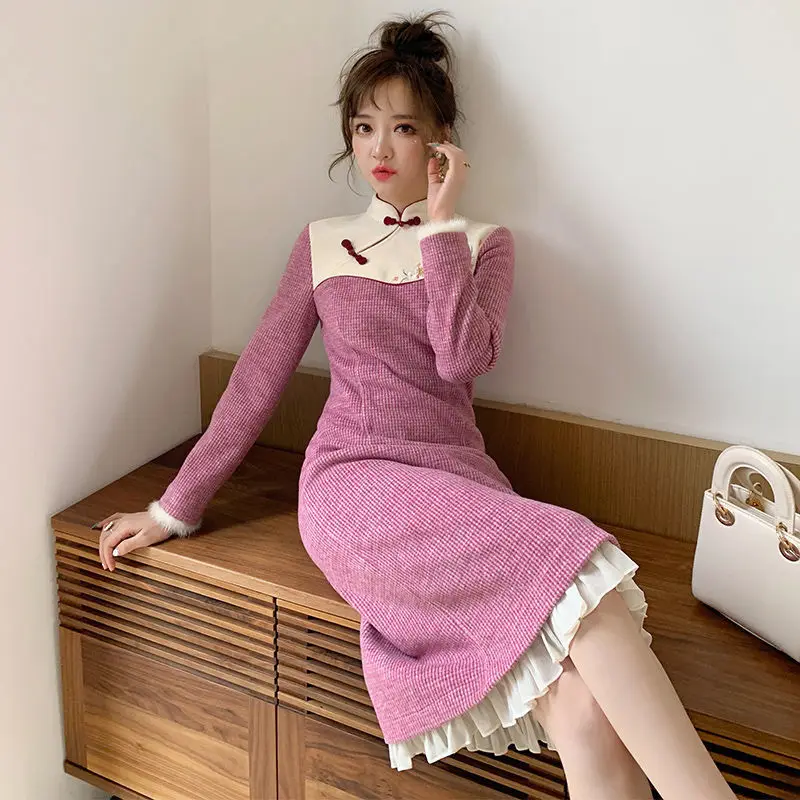 가을 겨울 Cheongsam 두꺼운 2021 새로운 중국어 어린 소녀 우아한 일일 하이 엔드 향상된 긴팔 드레스