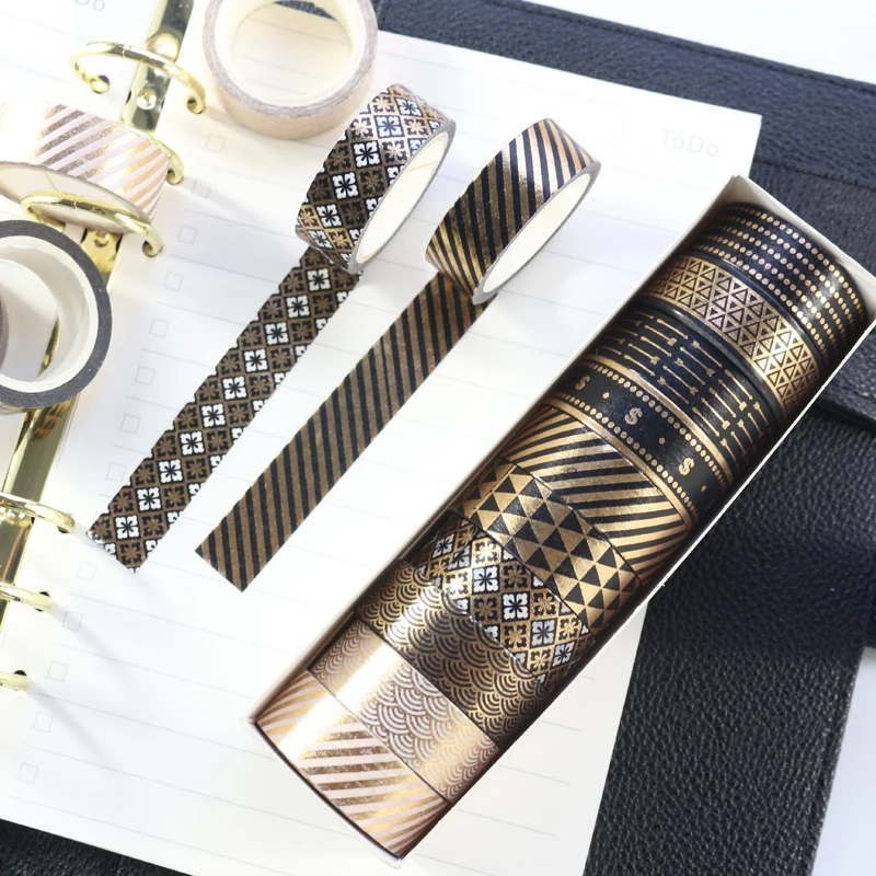 Domikee Creative black gold foil decoration washi tape set school student DIY diary greeting card masking tapes stationery 10pcs