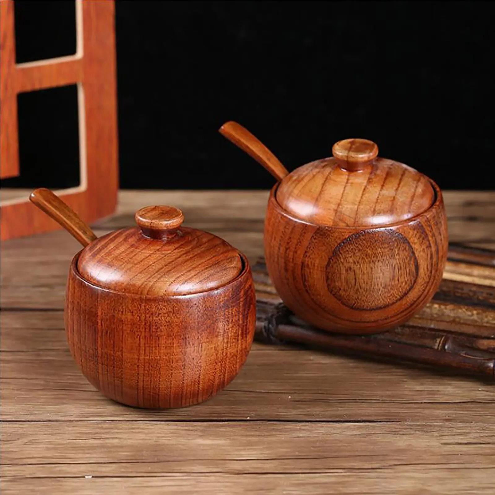 Solid Wood Spice Jar Salt Pepper Seasoning Box Wood Spice Pot Sugar Bowl Retro Kitchen Supplies With Cover Wooden Condiment