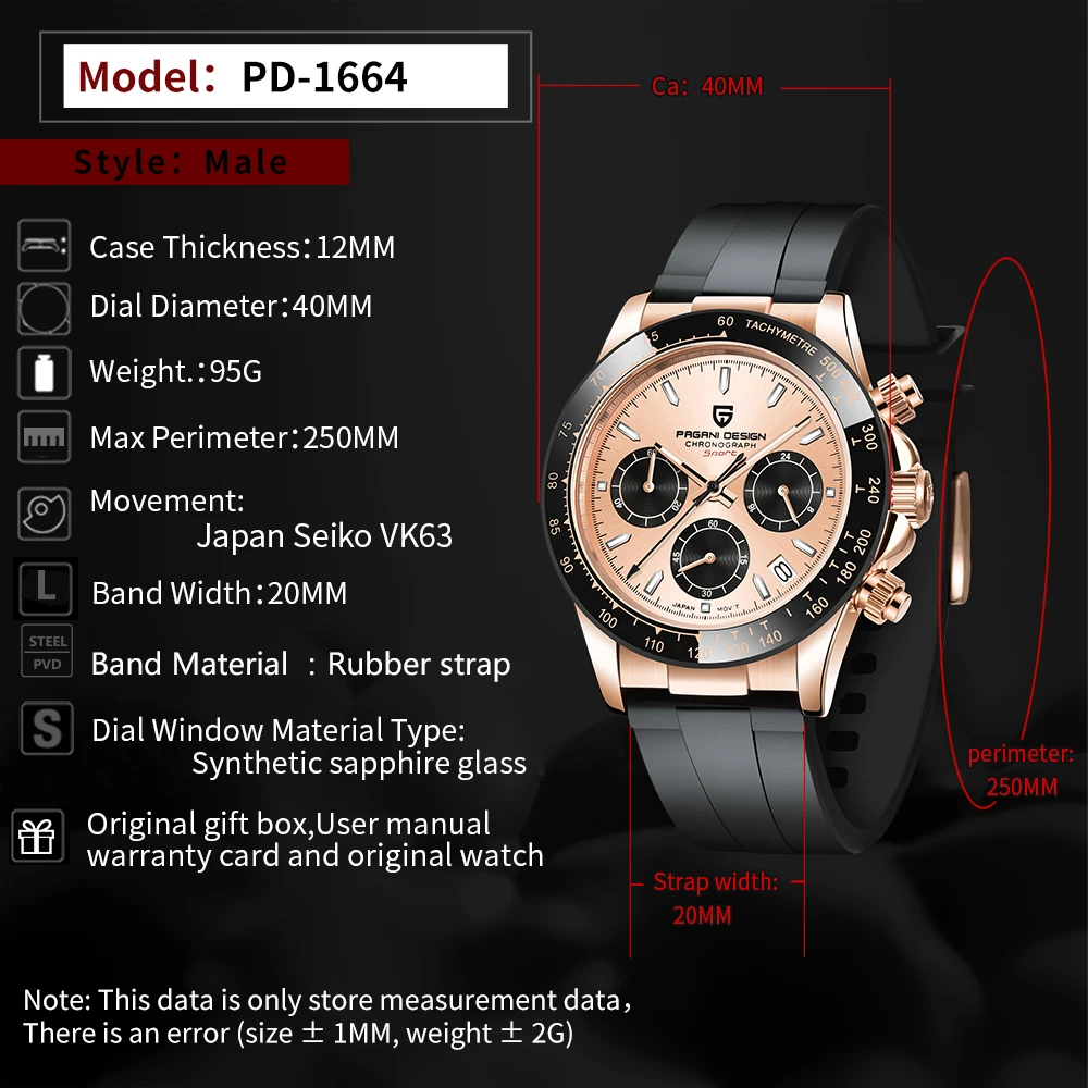 PAGANI DESIGN 2020 New Luxury Gold Men\'s Quartz Watch Automatic Date Watch Men Sport 100M Waterproof Chronograph VK63 Movement