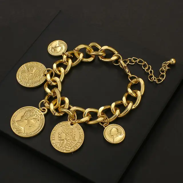 ALLYES złoty łańcuszek w kolorze bransoletka z monetami osobowość Vintage portret Charms bransoletki dla kobiet modne dodatki