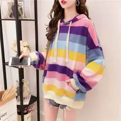 Womens Hoodies Rainbow Striped Long-sleeved T-shirt Spring Autumn New Loose Thin Casual Oversized Hooded Sweatshirt Women Tops