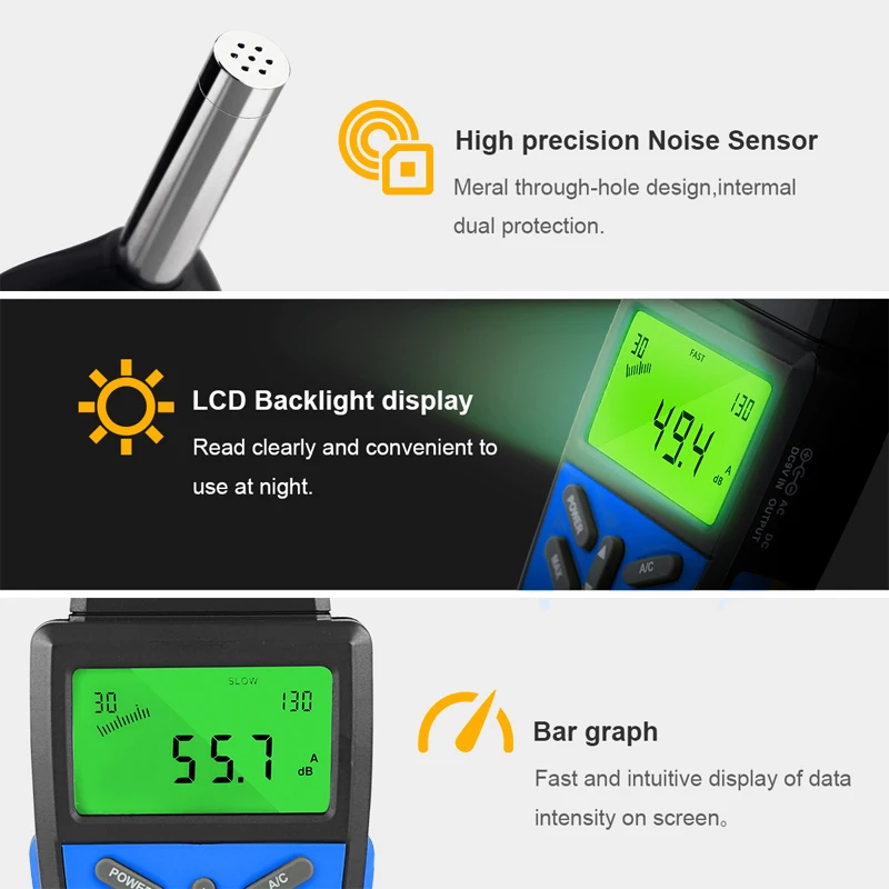 Medidor de nível de som digital, instrumento de medição de volume de ruído, testador de monitoramento de decibéis com teste de volume de áudio de ruído de 30-130db