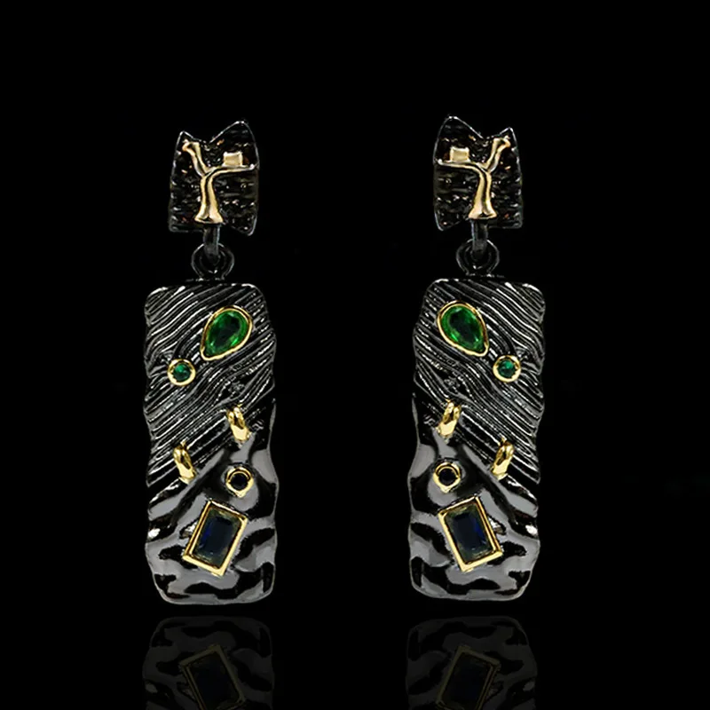 Hot sale 925 silver Black gold green stone earring ethnic retro style diy earrings wedding earrings for brides earring charms