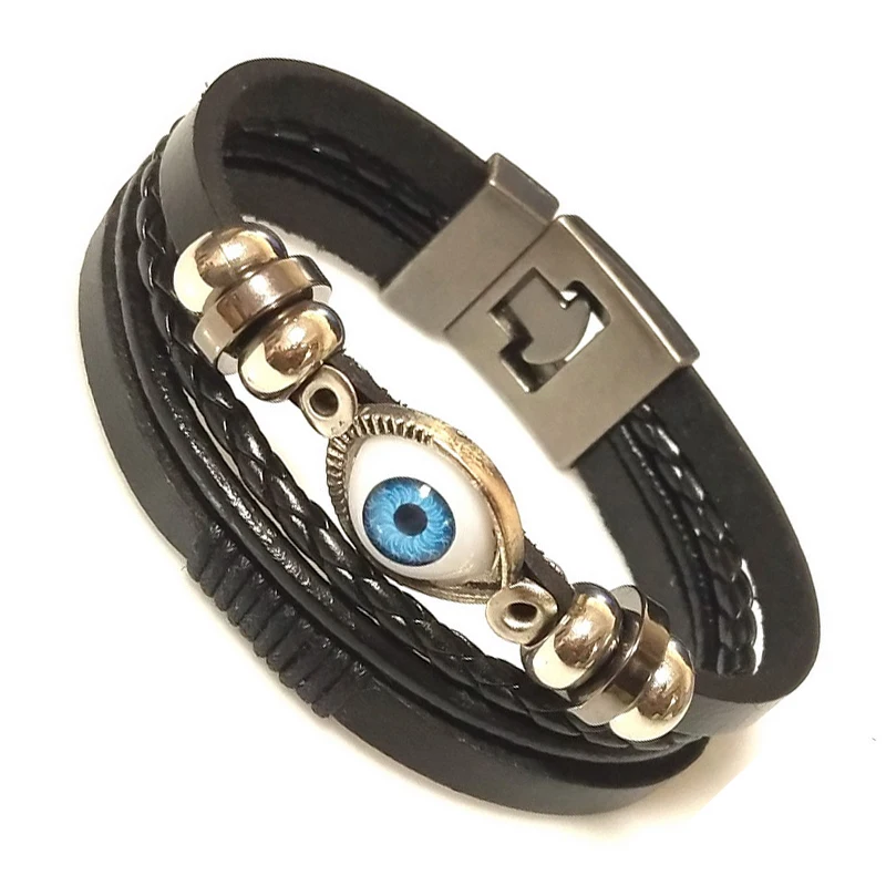 Black/Brown Lucky Vintage Men\'s Skull Leather Bracelet Charm Multilayer Braided Women Pulseira Masculina