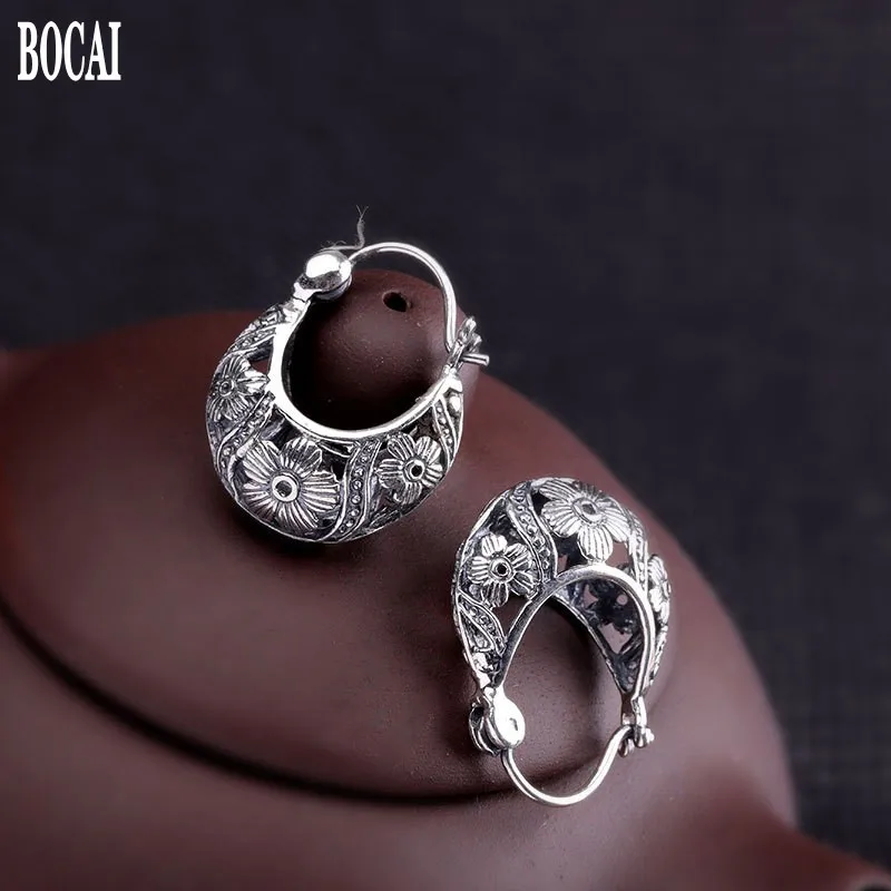 

100% S925 silver jewelry Thai silver handmade earrings for women 925 silver engraved carved vintage ear clips women's earrings