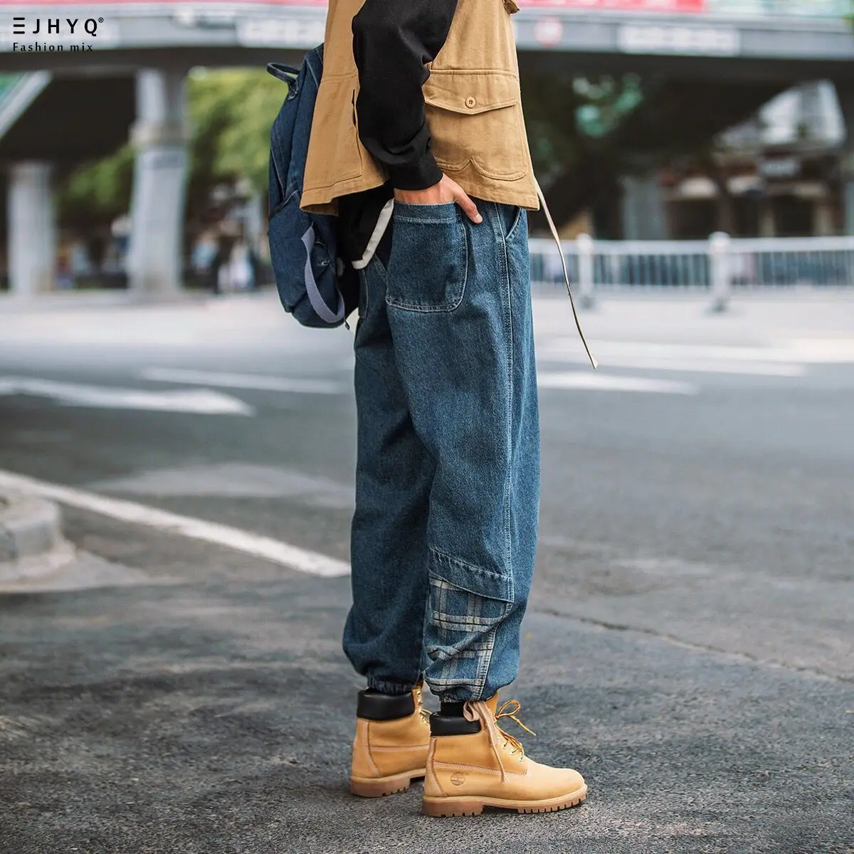 Vintage Jeans Men Plaid Stitching Cargo Jeans Casual Loose Pants Male Ankle-Tied Long Pants Denim Hip Hop Men Jeans Trousers