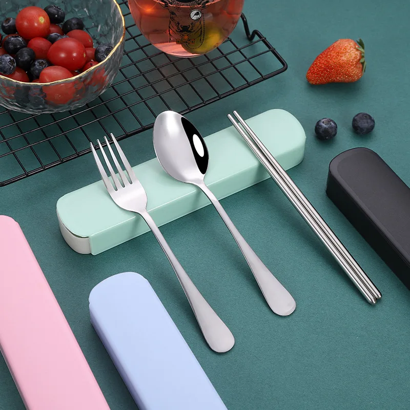 Portable Stainless Steel Cutlery Set Fork Spoon Chopsticks with Box Camping Travel Hiking Dinnerware Sets Kitchen Tableware