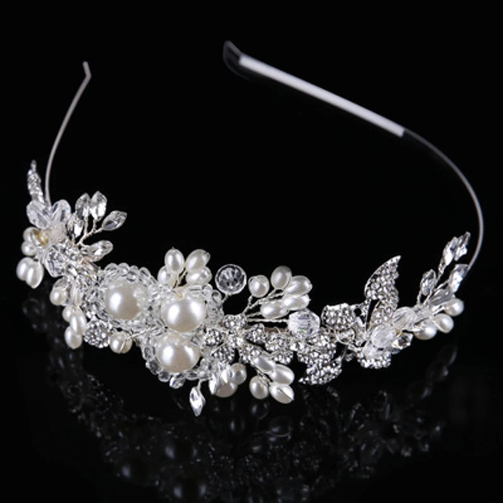 

Luxury Pearl Crystal Flower Bride Headband Crown Tiara Princess Diadem Hairband Rhinestone Bridal Wedding Accessories Jewelry