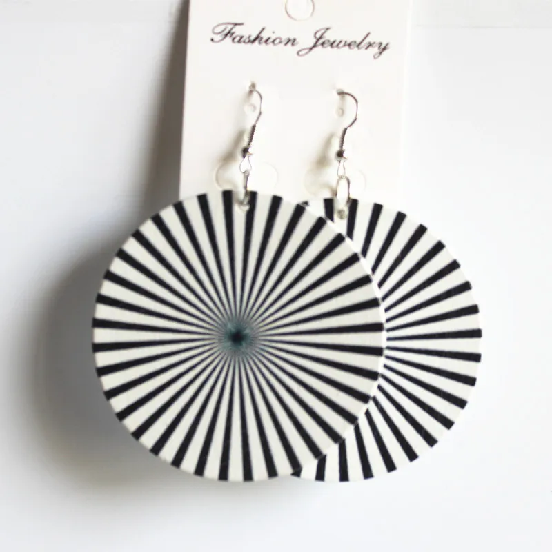 E260 Wood Round Africa Black White Stripes Zebra Printing Earring Wooden Diy Party Engagement Accessory African Jewelry 60cm