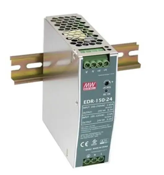 

EDR-150-24 AC-DC Industrial DIN rail power supply; Output 24V at 6.5A(230Vac) / 24V at 5.2A(115Vac) metal case