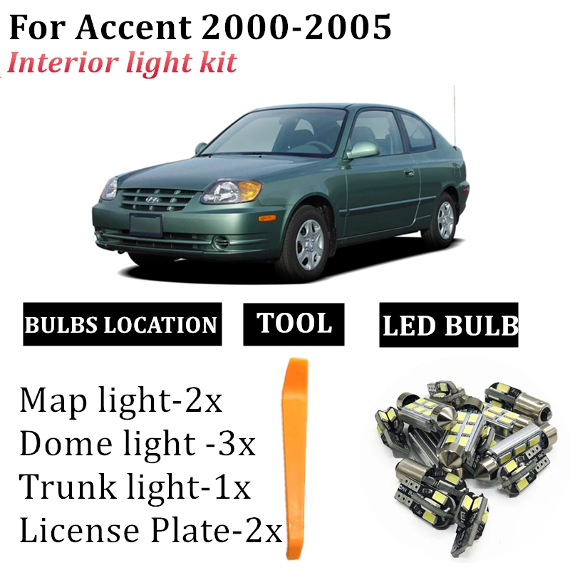 6pcs Car LED Interior Lights Kit Fit For 2000 2001 2002 2003 2004 2005 Hyundai Accent Map Dome Trunk License Number plate Lamp